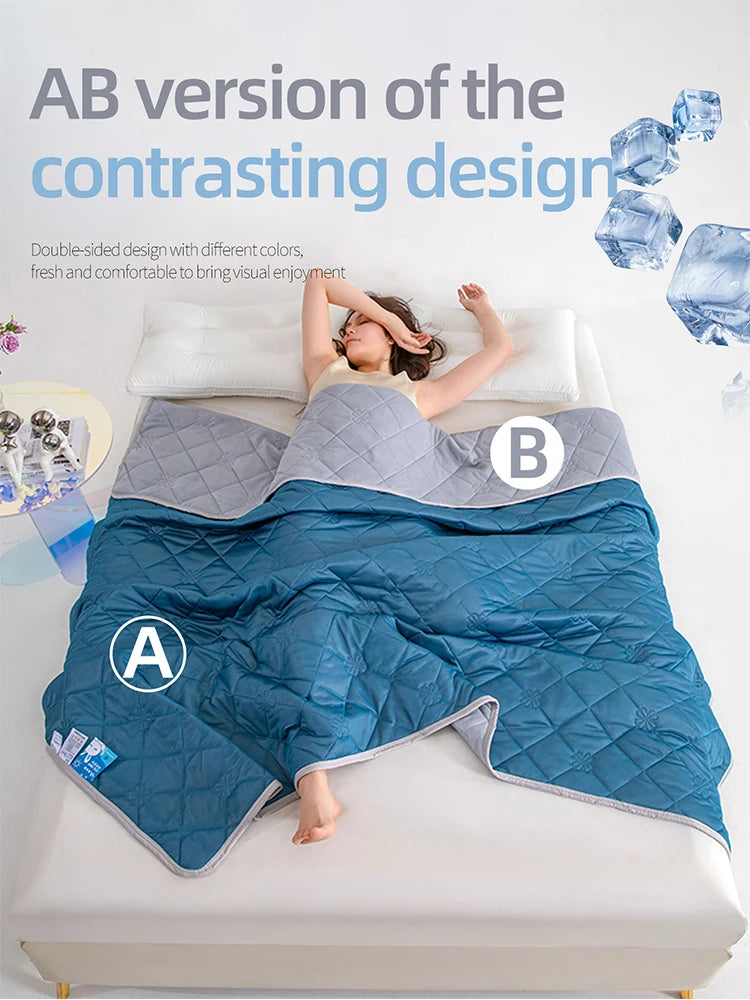 Color Cooling Blanket With Diamond Grid And Floral Print, Minimalist Fashion/Cooling Material
