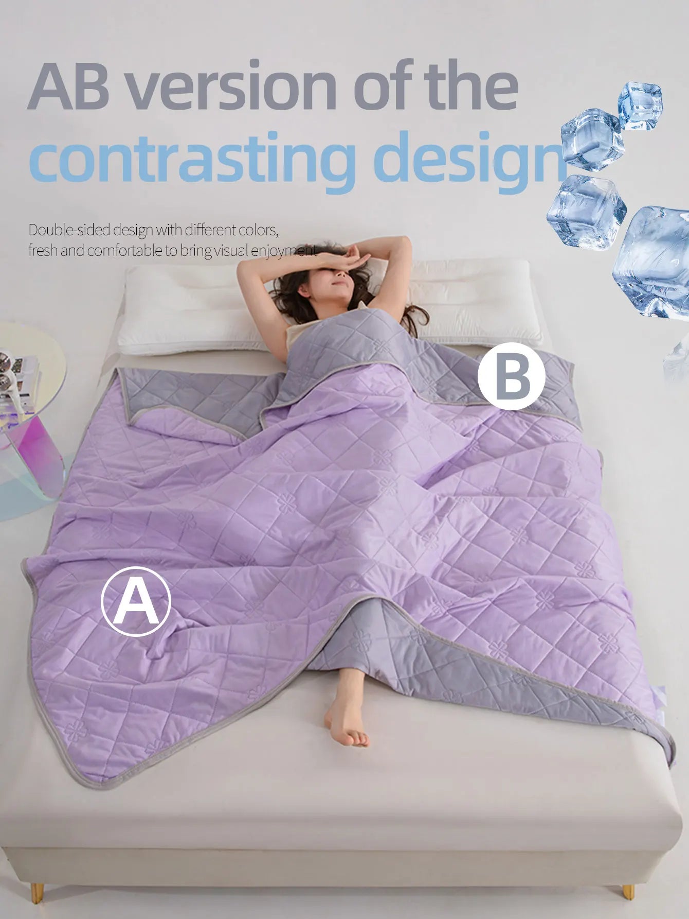 Color Cooling Blanket With Diamond Grid And Floral Print, Minimalist Fashion/Cooling Material