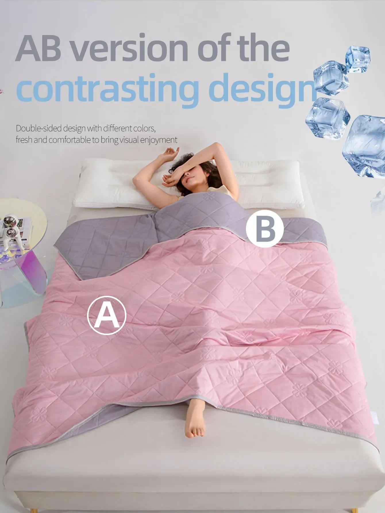 Color Cooling Blanket With Diamond Grid And Floral Print, Minimalist Fashion/Cooling Material