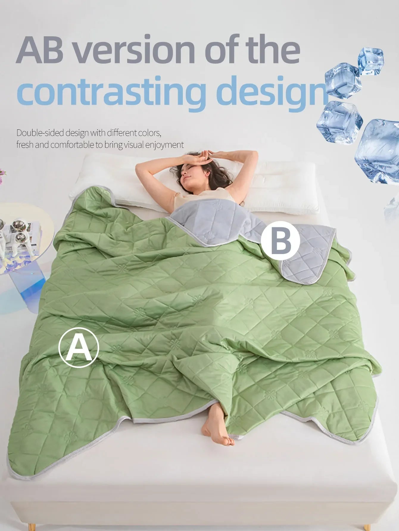 Color Cooling Blanket With Diamond Grid And Floral Print, Minimalist Fashion/Cooling Material