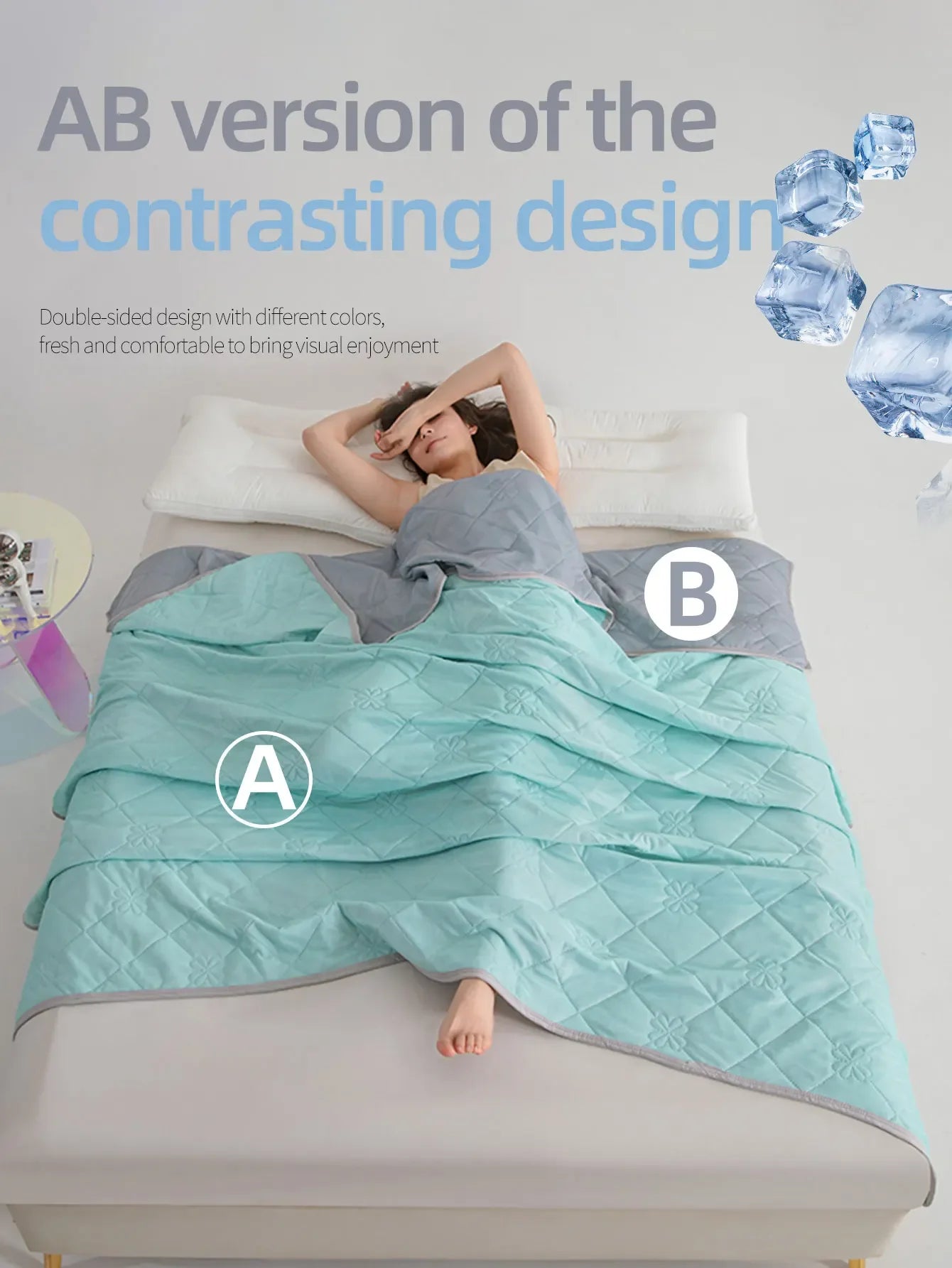 Color Cooling Blanket With Diamond Grid And Floral Print, Minimalist Fashion/Cooling Material