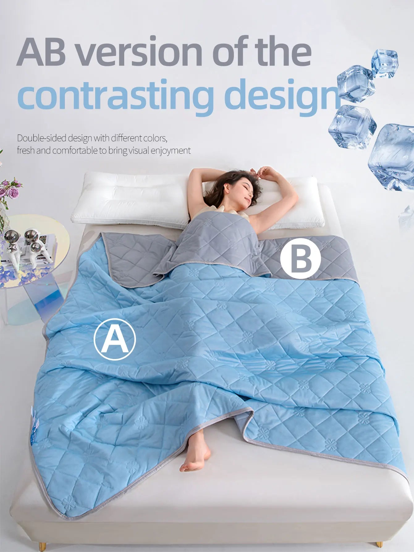 Color Cooling Blanket With Diamond Grid And Floral Print, Minimalist Fashion/Cooling Material